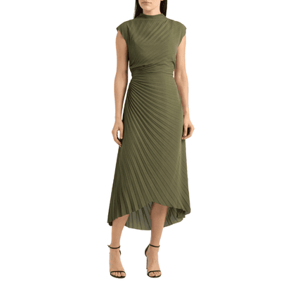 olive dress with pleating details