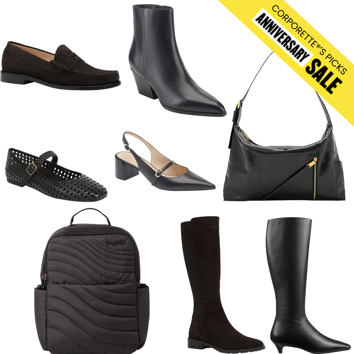 collage of some of the best shoes, bags, and boots in the sale; yellow banner in upper right hand corner reads CORPORETTE'S PICKS ANNIVERSARY SALE