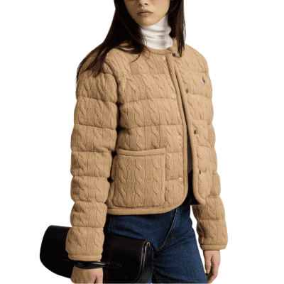 quilted cableknit puffer jacket in beige