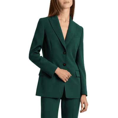 dark green suit with slightly long blazer