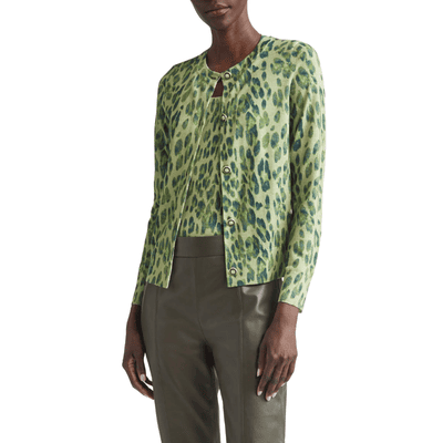 unusual light green leopard wool cardigan with matching shell