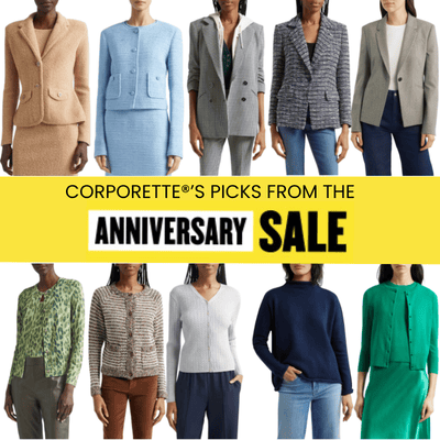 graphic reads CORPORETTE PICKS FROM THE ANNIVERSARY SALE and has collage of blazers and sweaters