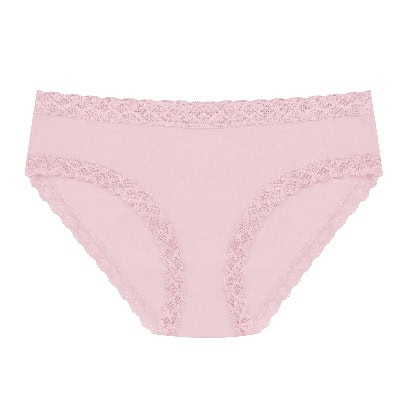 A pink pair of women's underwear with lace trim
