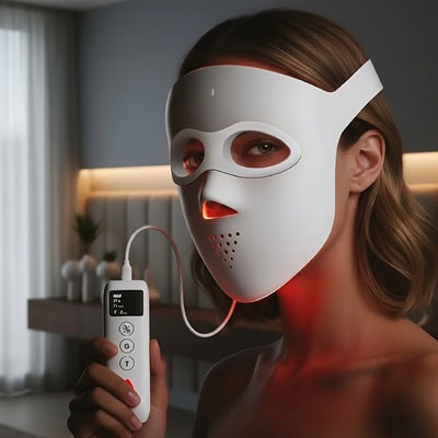 A woman with long brown hair wearing a white LED mask and holding a white controller. A wall and part of a window are in the background.