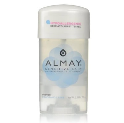 A white-and-blue stick of Almay Sensitive Skin Deodorant