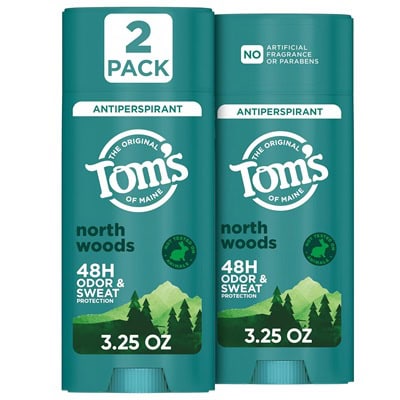 Two green sticks of Tom's of Maine North Woods Antiperspirant