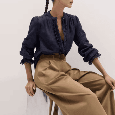 woman wears doublecloth gauze blouse