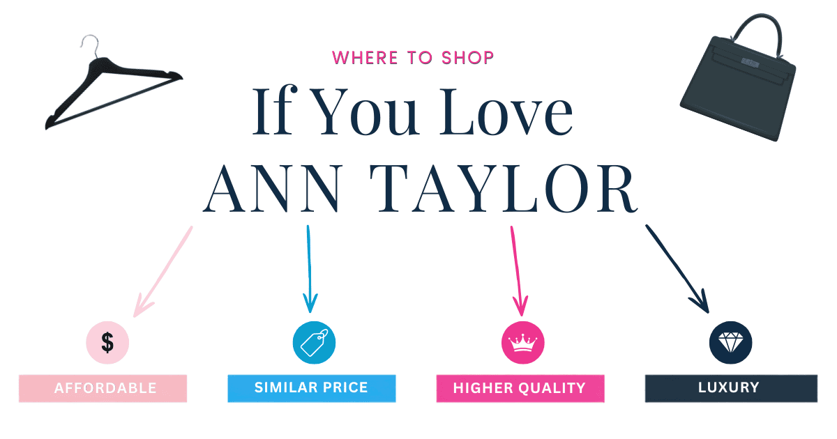graphic reads WHERE TO SHOP IF YOU LOVE ANN TAYLOR; arrows point to four categories including AFFORDABLE, SIMILAR, HIGHER QUALITY, LUXURY and there are icons of a hanger and handbag