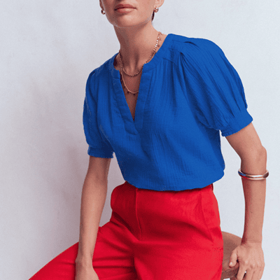 woman wears doublecloth gauze blouse