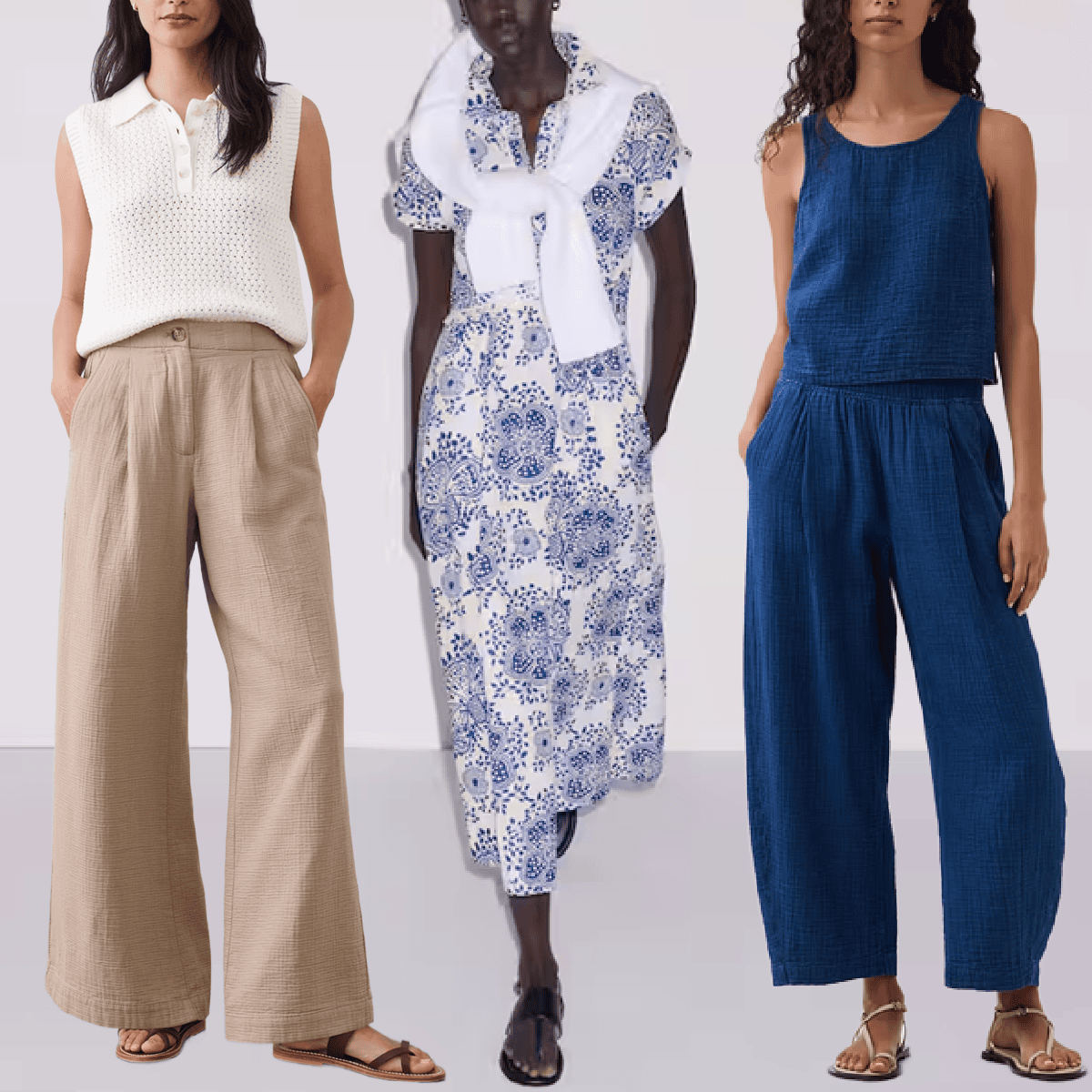 collage of 3 models wearing double-cloth outfits