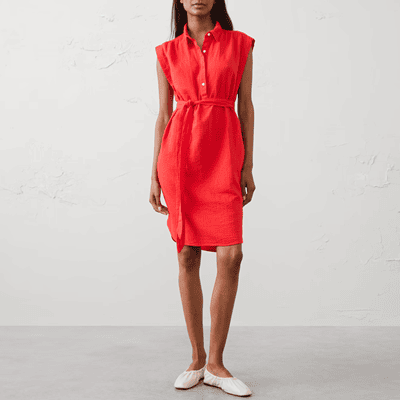 woman wears red doublecloth gauze shirtdress