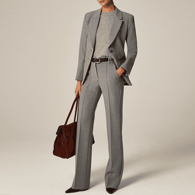 woman wears gray suit in four-season stretch