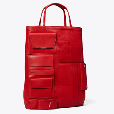 red north/south tote with many many pockets