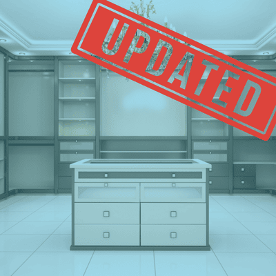 graphic shows an empty closet with a blue transparent wash on top; in the corner a stamped label reads UPDATED in red