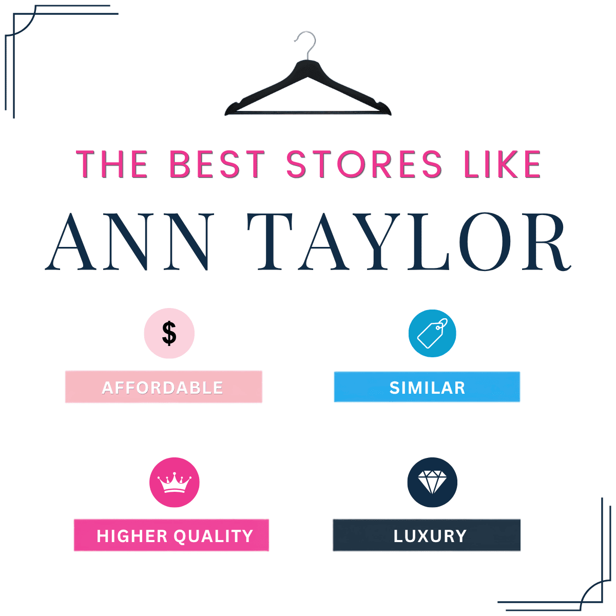 graphic reads THE BEST STORES LIKE ANN TAYLOR; arrows point to four categories including AFFORDABLE, SIMILAR, HIGHER QUALITY, LUXURY and there's an icon of a hanger and a corner frill