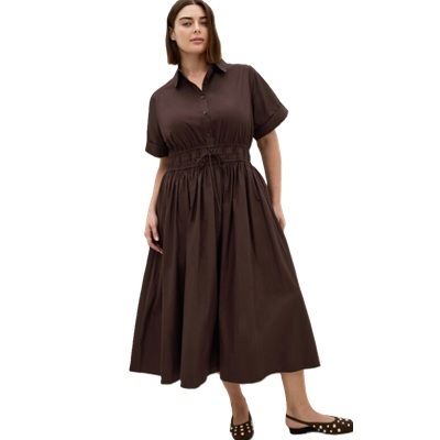 WOMAN WEARS BROWN SHIRT DRESS