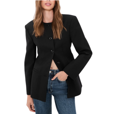 woman wears stylish cutaway collarless blazer