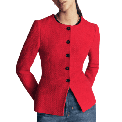 woman wears stylish cutaway collarless blazer