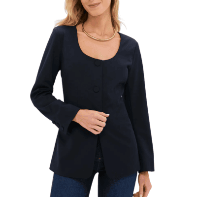 woman wears collarless blazer with split hem and scoopneck