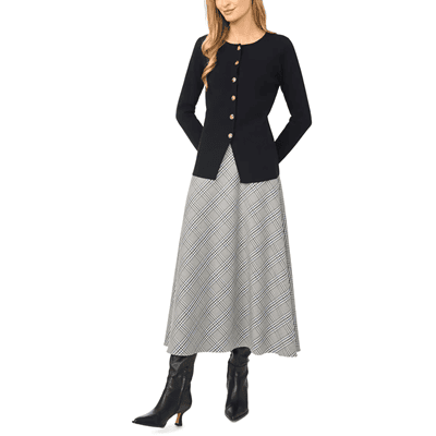 woman wears grey midi skirt with crewnecked cutaway blazer
