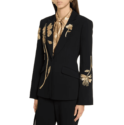 black blazer with gold floral details