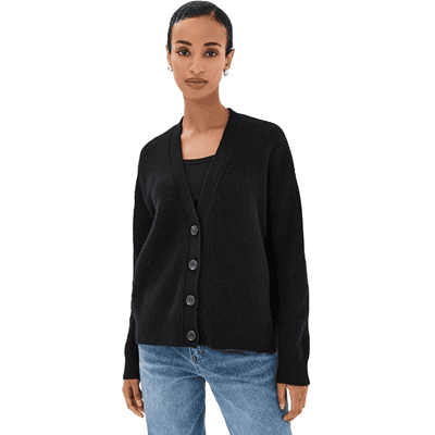 Black woman wears black coccoon cardigan