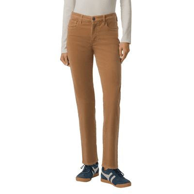 woman wears brownish straight-leg cords with sneaks