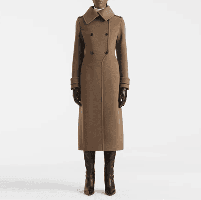 Brown double-breasted wool coat with an overlapped collar and a curved front hem that sweeps away from the button closure.