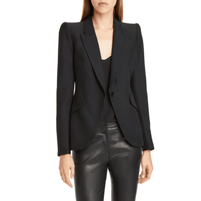 black blazer with sharp shoulders
