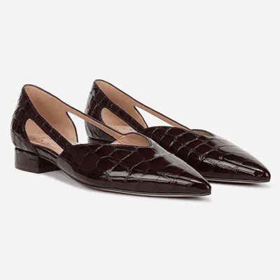 dark red croc effect flats with cutout sides and V-tapered vamp