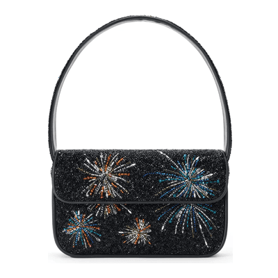 Sparkly black handbag with colorful fireworks embroidery”—.